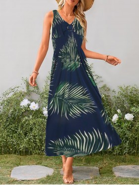 Palm Leaves V -Neck Sleeveless Summer Dress